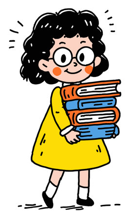 A cheerful girl in a yellow dress happily carries a stack of colorful books, embodying the joy of reading and learning in a playful, cartoon style.のイラスト素材