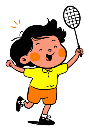 This colorful illustration features a joyful boy playing badminton, embodying the spirit of fun and active childhood moments with vibrant colors and playful energy.のイラスト素材