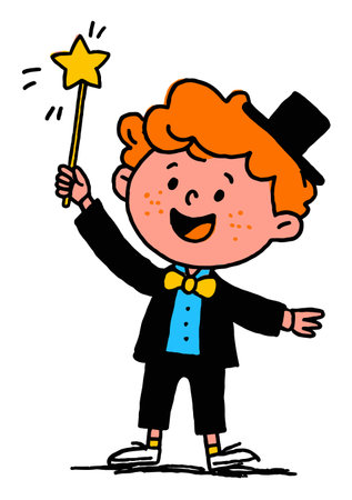 This vibrant cartoon illustration features a cheerful magician boy holding a wand with a star, perfect for children's events, education, or playful designs.のイラスト素材