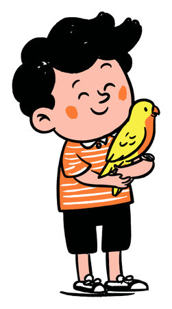 Cheerful illustration of a happy child holding a yellow bird, capturing the innocence and joy of childhood. Perfect for themes of friendship and nature.のイラスト素材