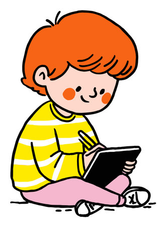 Adorable illustration of a cheerful child with orange hair, seated and drawing on a tablet, evoking creativity and joy in a flat vector style.のイラスト素材