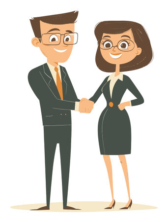 Colorful cartoon illustration of a business couple shaking hands, symbolizing partnership and cooperation in a professional setting. Perfect for projects on teamwork and success.のイラスト素材