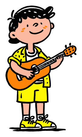 This vibrant illustration features a cheerful cartoon boy playing the guitar. Dressed in a bright summer outfit, he radiates joy and creativity, perfect for music-themed projects.のイラスト素材