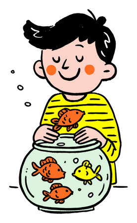 A cheerful child with a fish bowl containing colorful fish, showcasing a fun and playful design in flat vector style, perfect for children-themed projects.のイラスト素材