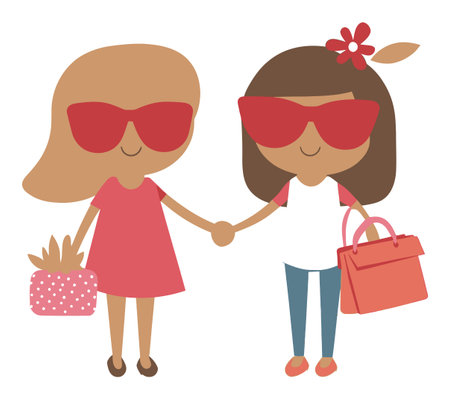 Two cheerful cartoon girls in stylish outfits are holding hands and enjoying a sunny day out. One carries a purse while the other has a cute handbag, wearing sunglasses, they embody friendship and fun.のイラスト素材