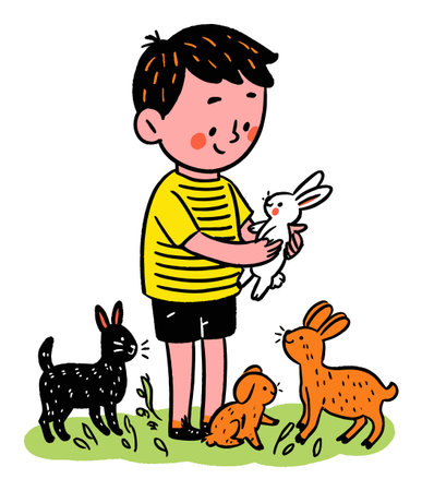 A cheerful boy in a striped shirt holds a white rabbit, surrounded by other playful animals. This delightful illustration captures the joy of childhood and friendship.のイラスト素材