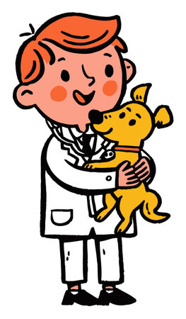 Cheerful illustration of a happy boy in a white coat holding a cute yellow dog. This playful design captures the joy of companionship and veterinary care.のイラスト素材