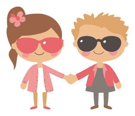 Adorable cartoon characters with sunglasses holding hands, representing friendship and joy. Perfect for children's themes and vibrant designs.のイラスト素材