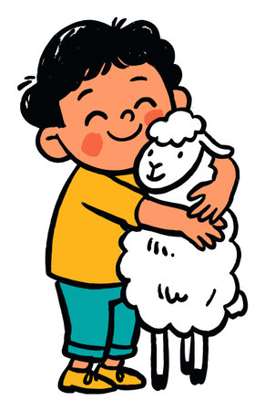 A cheerful child joyfully hugs a cute cartoon sheep in a vibrant flat vector style. This charming illustration captures the essence of friendship and warmth in a playful design.のイラスト素材