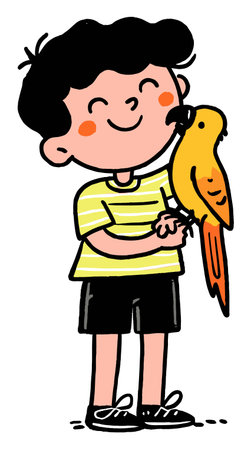 A charming illustration of a joyful boy laughing while holding a vibrant parrot. This playful vector art captures the essence of childhood and friendship with bright colors and a cheerful expression.のイラスト素材