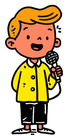 A cheerful young boy with a bright yellow shirt stands holding a microphone. He embodies joy and enthusiasm, perfect for themes of music and performance.のイラスト素材