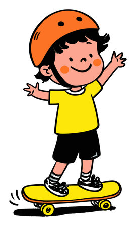Cheerful illustration of a child riding a skateboard while wearing a bright yellow shirt and orange helmet. Perfect for themes of youth, fun, and active lifestyle.のイラスト素材