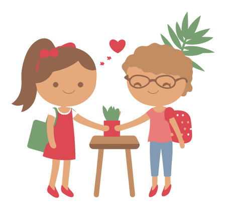 Delightful cartoon characters enjoy a joyful moment while sharing a potted plant, capturing the essence of friendship and love in a vibrant, playful illustration.のイラスト素材