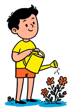 A cheerful boy in a bright yellow shirt waters colorful flowers with a yellow watering can. This flat vector illustration captures the joy of gardening and nature.のイラスト素材