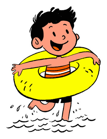 Vibrant illustration of a cheerful boy joyfully running in water with a yellow float ring. Perfect for summer-themed projects, children's activities, and fun visuals.のイラスト素材