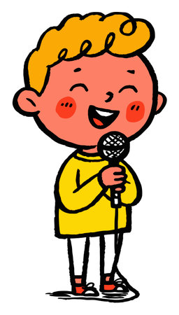 Bright and cheerful illustration of a joyful child singing into a microphone, capturing the essence of talent and happiness in a playful flat vector style.のイラスト素材