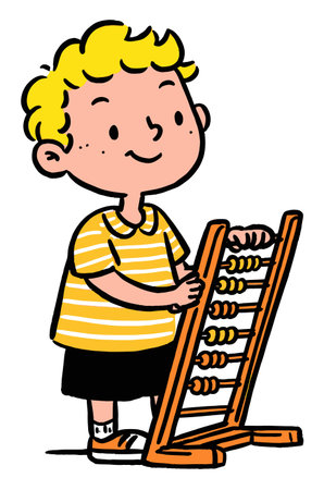 A cheerful cartoon boy engages with a colorful abacus, promoting playful learning. Ideal for educational content, childrens illustrations, or creative projects.のイラスト素材