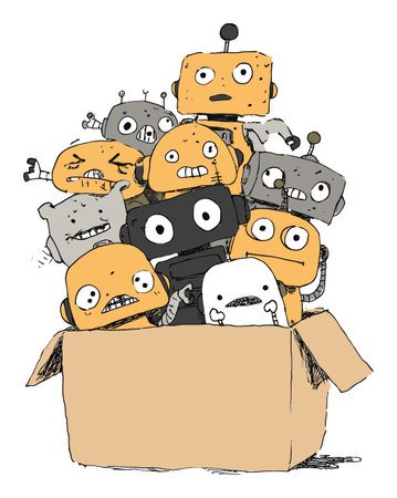 A lively illustration featuring a group of cartoon robots with various expressions crammed into a box, exuding whimsy and charm. Perfect for playful designs.のイラスト素材
