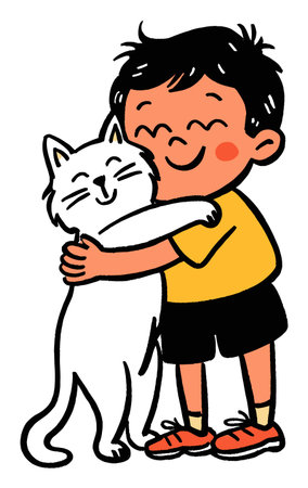 A cheerful child joyfully hugs a playful white cat in a colorful flat vector style. This delightful illustration captures the essence of friendship and affection between kids and pets.のイラスト素材