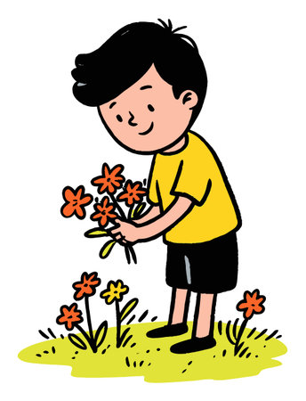 A cheerful illustration of a young boy gathering colorful flowers in a bright garden. This vibrant flat design captures joy, innocence, and the beauty of nature.のイラスト素材