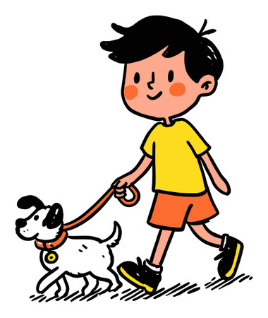 A cheerful illustration of a young boy walking his playful dog in a vibrant flat vector style. Perfect for representing friendship and outdoor fun!のイラスト素材