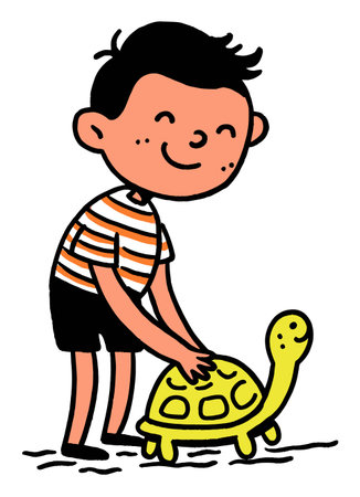 A cheerful boy interacts with a cute baby turtle in this vibrant vector illustration. Perfect for themes of friendship, pets, and childhood joy.のイラスト素材