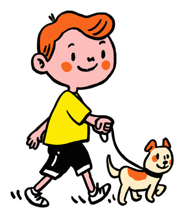 A cheerful boy walks his playful dog in this charming flat vector illustration. Perfect for childrens themes, emphasizing friendship and joy outdoors.のイラスト素材