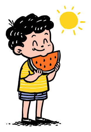 A cheerful boy enjoying a juicy slice of watermelon under the sun. This vibrant vector illustration captures the essence of summer fun, happiness, and childhood joy.のイラスト素材