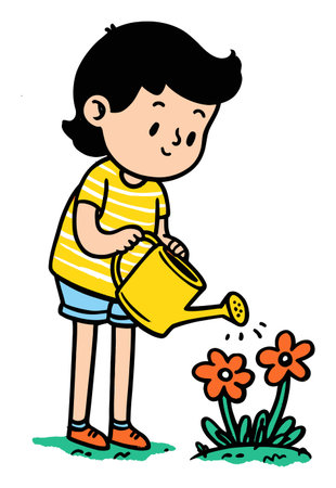 A cheerful child waters colorful flowers with a yellow watering can in this flat vector illustration. Perfect for themes of gardening, nature, and childhood joy.のイラスト素材