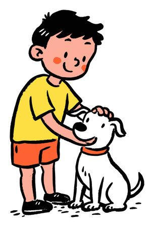 Cheerful illustration of a young boy happily petting his loyal dog, showcasing the bond between them in a charming flat vector style. Perfect for children's art.のイラスト素材