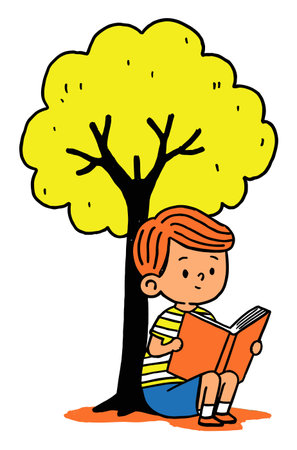 A charming vector illustration depicting a young boy reading a book under a bright yellow tree, showcasing fun and learning in a playful outdoor setting.のイラスト素材