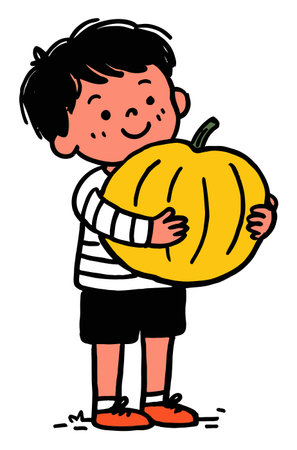 Joyful cartoon child with a big pumpkin in a playful illustration, perfect for fall and harvest themes. Great for seasonal decor, fun design projects, and children's content.のイラスト素材