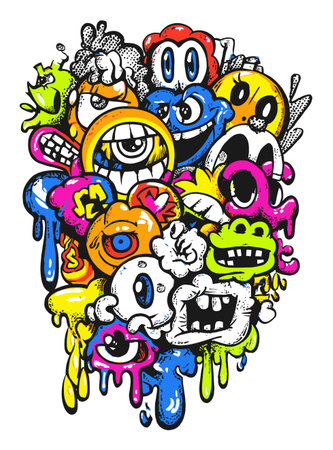 Explore this vibrant abstract vector art featuring playful cartoon faces with colorful drips, bringing joy and creativity to any design project or artwork.のイラスト素材