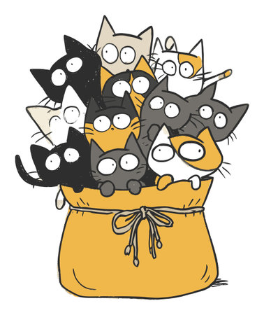 This vibrant illustration features an adorable collection of cartoon cats piled in a yellow bag. Perfect for cat lovers and playful designs.のイラスト素材