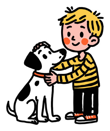 A cheerful illustration depicting a young boy petting a black and white dog. This flat vector design captures their joyful interaction and bond, featuring bright colors and playful elements.のイラスト素材