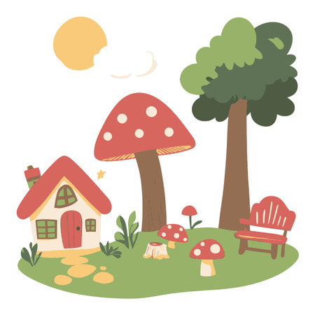 Delight in this whimsical cartoon landscape featuring a charming house, vibrant trees, and friendly mushrooms under a sunny sky. Perfect for children's themes!のイラスト素材