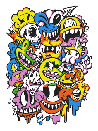 This colorful abstract vector design features playful monster faces expressing joy and mischief. Perfect for vibrant art projects and unique decor.のイラスト素材