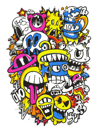 Dynamic and vibrant abstract vector design featuring whimsical faces and playful characters. Perfect for creative projects, posters, or merchandise.のイラスト素材