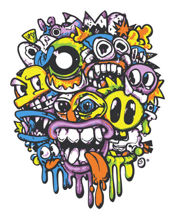 This vibrant abstract illustration features playful faces with expressive features and dripping paint effects, perfect for creative projects and modern designs.のイラスト素材