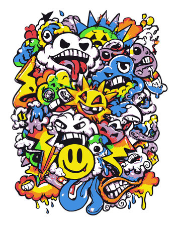 Discover a vibrant abstract vector artwork featuring playful faces and chaotic elements, perfect for adding a bold touch to any creative project.のイラスト素材