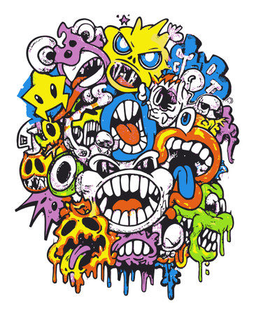 Discover a vibrant abstract vector artwork featuring expressive faces and emotive elements. This colorful design captures creativity and energy, perfect for modern projects.のイラスト素材