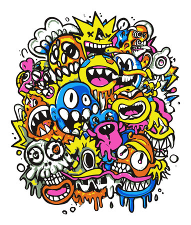 Explore a vibrant and playful abstract vector design featuring an array of quirky cartoon faces and expressive characters in bright colors.のイラスト素材