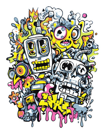Discover a vibrant abstract vector illustration filled with playful robots and whimsical monsters, bursting with colors and creative energy ideal for modern art projects.のイラスト素材