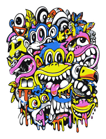 This vibrant illustration features a playful collection of whimsical faces, bursting with color and energy. A modern abstract design ideal for various creative projects.のイラスト素材