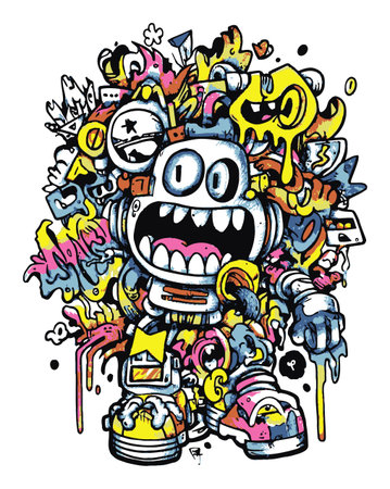 An engaging cartoon character bursting with color and lively designs. This playful illustration features abstract shapes, creating a joyful, unique visual appeal perfect for various creative projects.のイラスト素材