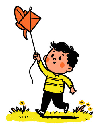 Vibrant illustration of a joyful child flying an orange kite, celebrating the essence of childhood in a lively outdoor setting filled with sunshine and playfulness.のイラスト素材