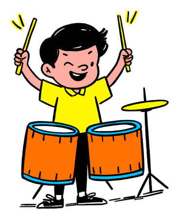 A cheerful child joyfully plays drums, showcasing enthusiasm and energy. This colorful, flat vector illustration captures the essence of music and fun.のイラスト素材