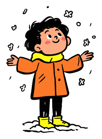A cheerful child in a bright orange coat and yellow boots embraces drifting snowflakes with joy. The illustration captures a moment of winter happiness and playful spirit.のイラスト素材