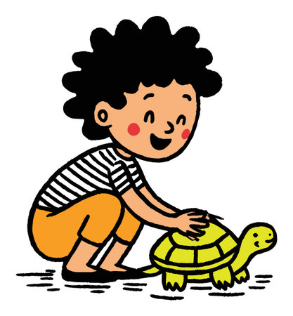 This cheerful flat vector illustration depicts a joyful child engaging with a cute turtle, capturing a moment of innocence and playful interaction in bright colors.のイラスト素材