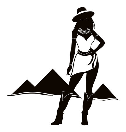 A striking black silhouette of a fashionable woman wearing a hat and boots against a mountain backdrop. Ideal for designs related to adventure, fashion, and nature.のイラスト素材